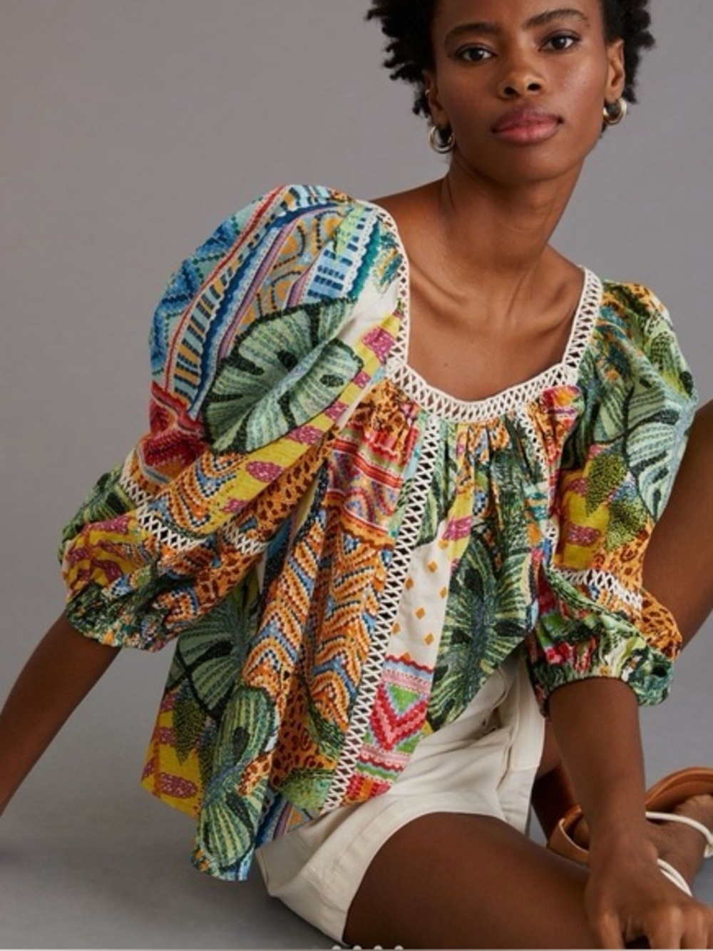 Farm Rio Anthropologie tropical lace inset puff sleeve peasant blouse xl top